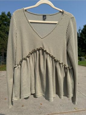 Olive Green Waffle Knit Peplum V-Neck Top